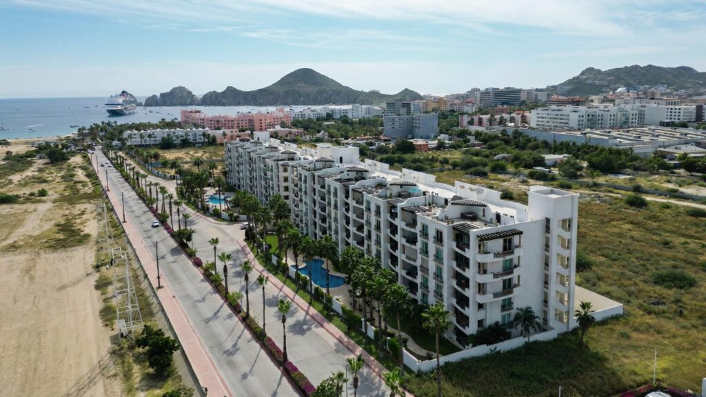 Los Cabos Vista Mare Condo for sale at Vista Mare, Cabo San Lucas, located on the third level within a private residential community in the Sunset area, one of Cabo's fastest-growing zones. Enjoy a peaceful setting just minutes from downtown, the Marina, restaurants, cafés, shops, supermarkets, and entertainment. This unit offers 111.15 m² total, including 97.65 m² of air-conditioned interior space and a 13.5 m² private terrace. It features 2 bedrooms, 2 full bathrooms, living and dining areas, an equipped kitchen, A/C, and 1 underground parking space. Vista Mare offers a gym, 2 pools, jacuzzi, and firepit social area. Ready for delivery. Price: – Via La Paloma, Cabo Corridor, BS